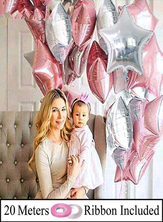 AMFIN بالونات فويل على شكل نجمة من AMFIN® (عبوة من 14 بالونًا) مع شريط/بالونات لتزيين عيد الميلاد الأول للفتيات، وحفلات استقبال المولود، واحتفالات الذكرى السنوية - فضي ووردي - Image 2